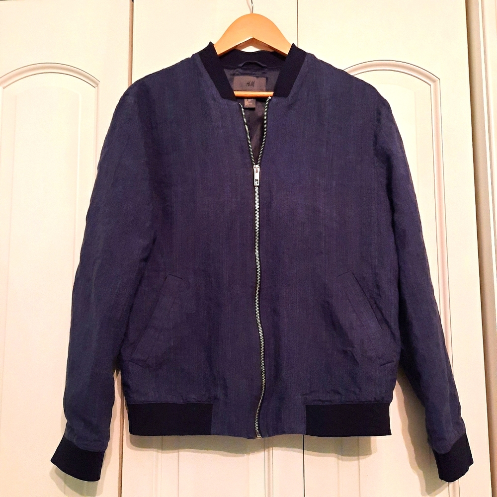 H&M Blue Linen zip up bomber